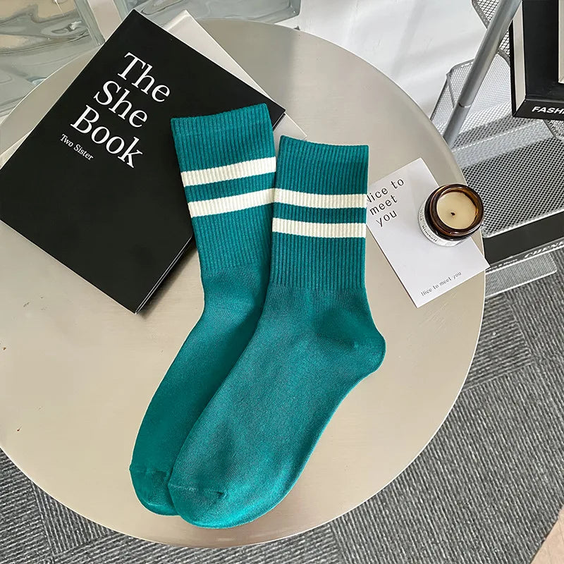 Damen Socken Mode Herbst Neue Bonbonfarbene Baumwoll Sportsocken | Preppy Stil Gestreift Freizeit Kaufschwan® Grün