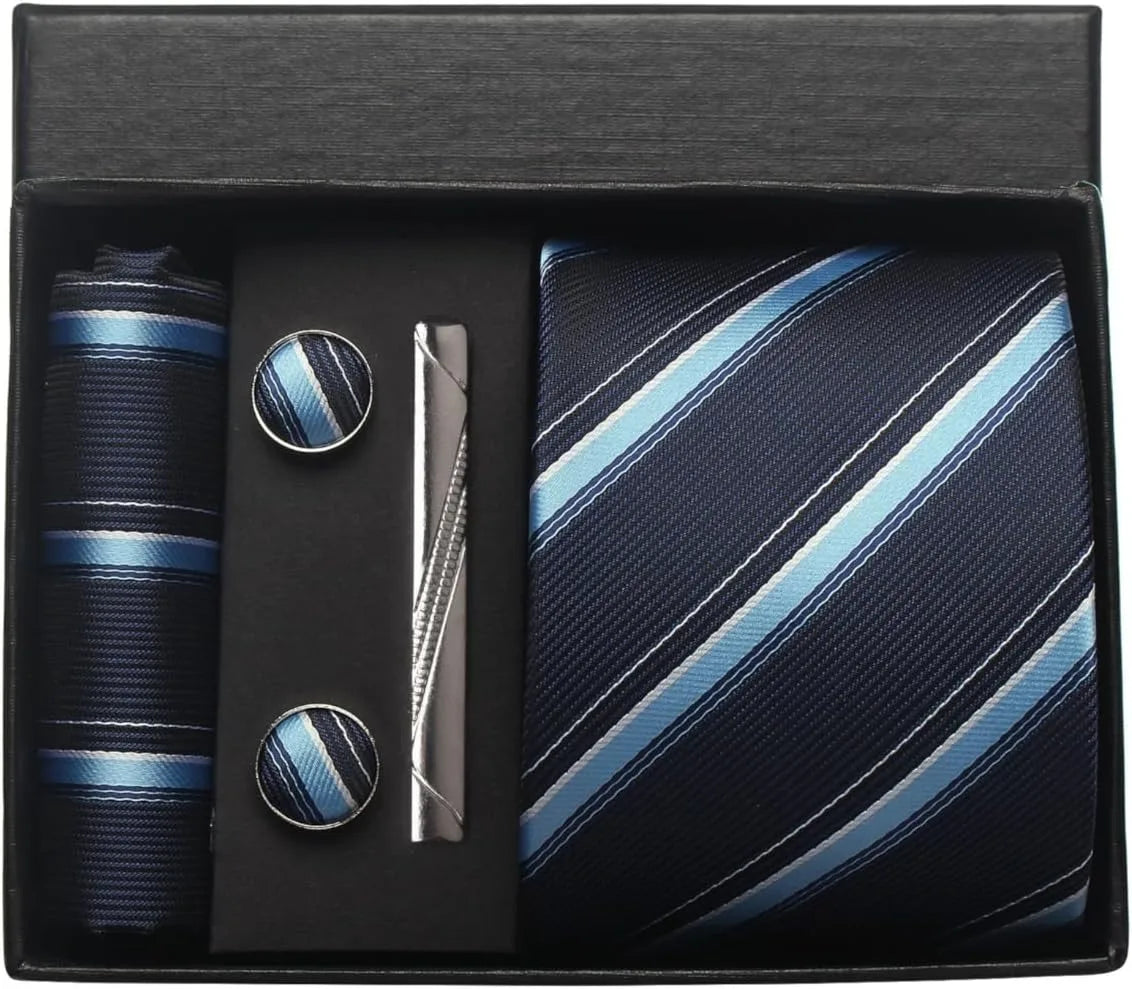Herren Krawatten-Set aus 100% Seide – 8 cm Krawatte mit Einstecktuch & Manschettenknöpfen | Klassisches Geschenkset für Business & Hochzeit