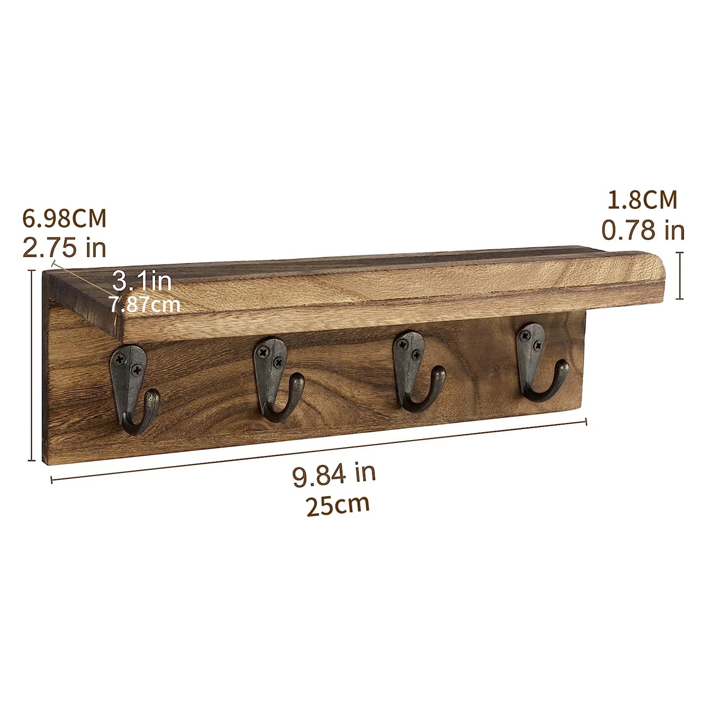 Rustikaler Holz Schlüsselhalter für die Wand – Landhausstil Wandregal | Wandmontierter Organizer mit 4 Metallhaken für Schlüssel & Deko