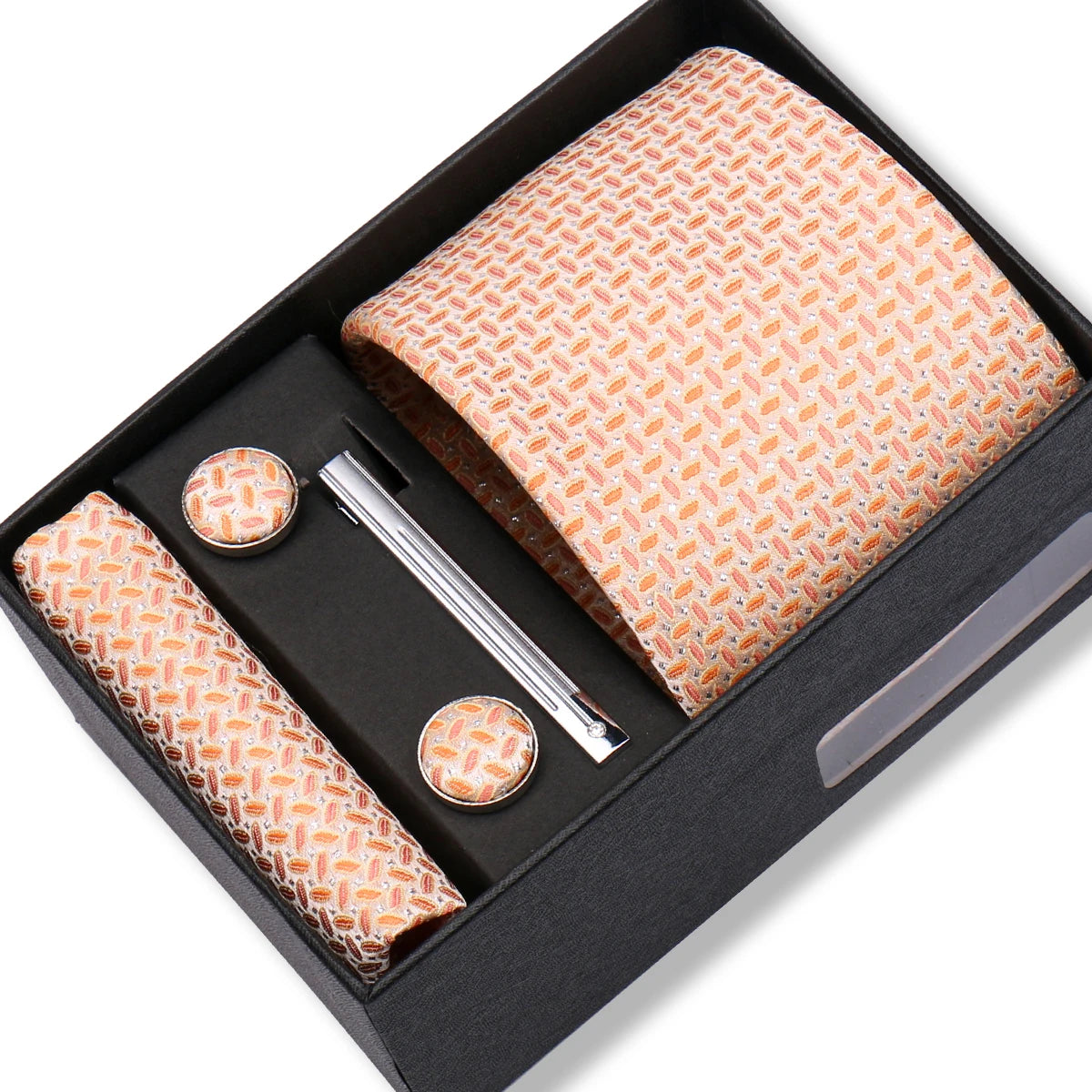 Herren Jacquard-Krawatten-Set 8 cm – Elegante Krawatte mit Einstecktuch, Manschettenknöpfen & Krawattenklammer | Luxus-Geschenkbox für Hochzeit & Business