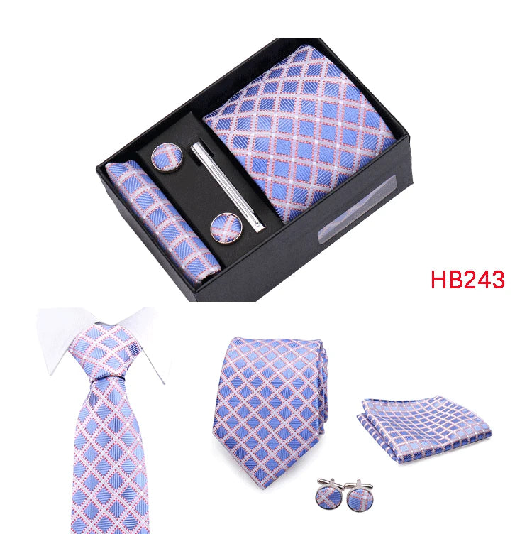 Herren Jacquard-Krawatten-Set 8 cm – Elegante Krawatte mit Einstecktuch, Manschettenknöpfen & Krawattenklammer | Luxus-Geschenkbox für Hochzeit & Business