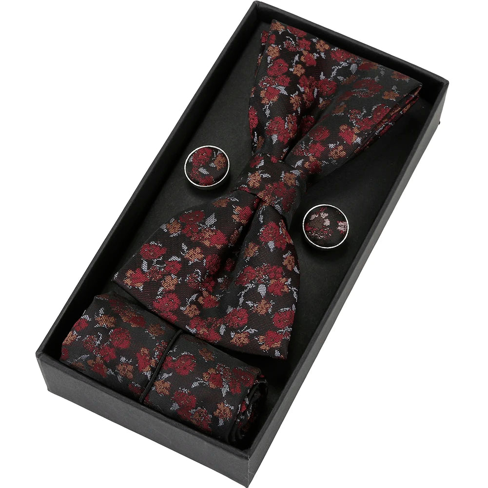 Herren Fliegen-Set mit Blumen-Paisley-Muster – 3-teiliges Geschenkset mit Fliege, Einstecktuch & Manschettenknöpfen | Elegantes Accessoire für Hochzeit & Business Kaufschwan® Dunkelrot