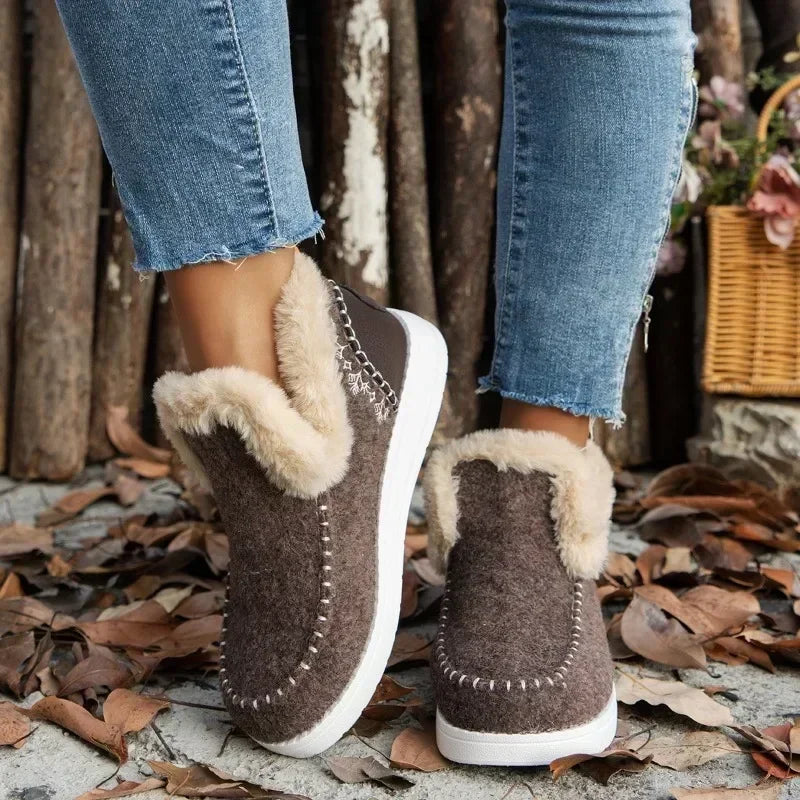 Damen Winterstiefel – Runde Zehenform Schneestiefel mit Kunstfell Futter | Flache Kurzschaft Stiefel mit Warmem Fleece für Damen