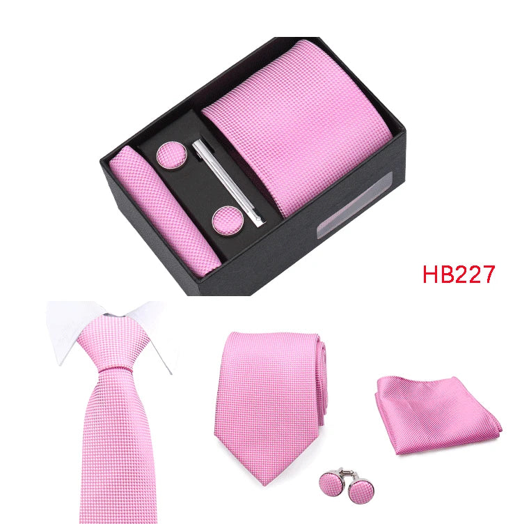 Herren Jacquard-Krawatten-Set 8 cm – Elegante Krawatte mit Einstecktuch, Manschettenknöpfen & Krawattenklammer | Luxus-Geschenkbox für Hochzeit & Business