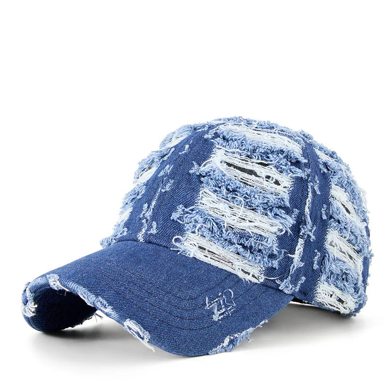 Distressed Denim Baseballkappe | Vintage Ripped Style Sonnenhut | Cool Hip Hop Snapback Caps für Herren & Damen Kaufschwan® Blau M 55-61cm