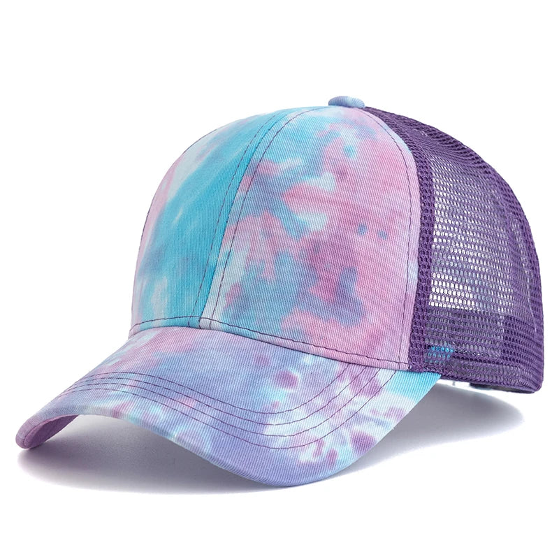 Neue Damen Ponytail Kappe | Tie-Dye Baseballkappe | Streetwear Trucker Hat Kaufschwan® Lila 56cm-60cm