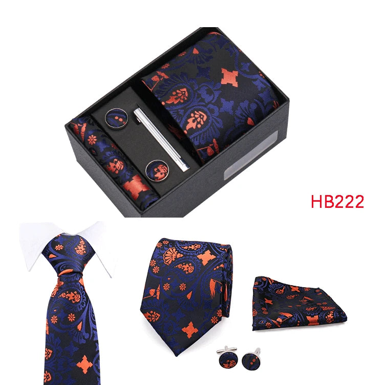 Herren Jacquard-Krawatten-Set 8 cm – Elegante Krawatte mit Einstecktuch, Manschettenknöpfen & Krawattenklammer | Luxus-Geschenkbox für Hochzeit & Business Kaufschwan®