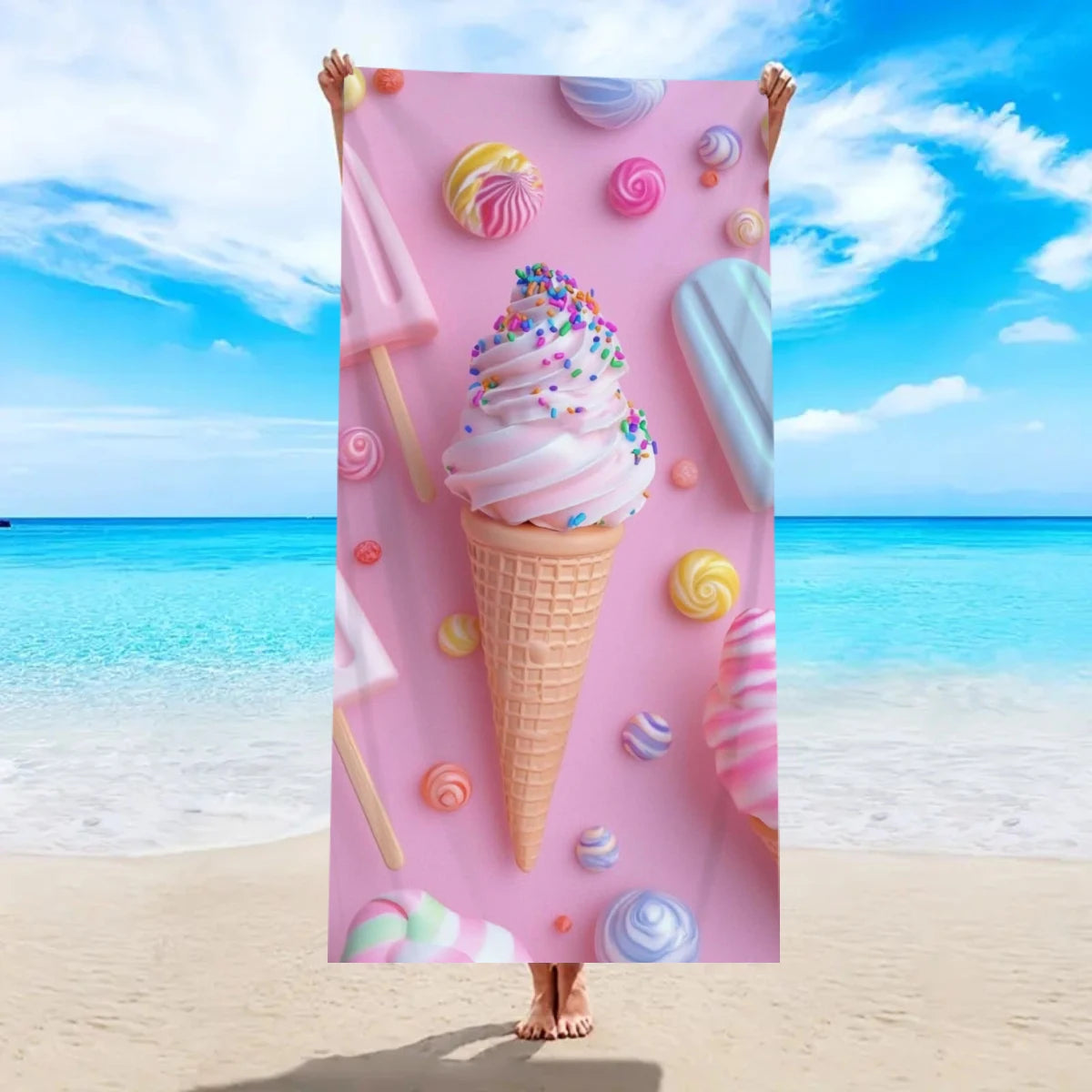 Strandtuch mit Eiscreme-Motiv – Schnell Trocknendes & Saugfähiges Mikrofaser Handtuch | Lustiges Sommer Handtuch für Reisen, Sport & Yoga