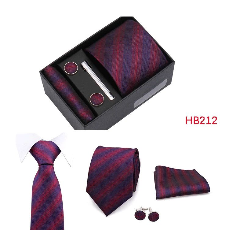 Herren Jacquard-Krawatten-Set 8 cm – Elegante Krawatte mit Einstecktuch, Manschettenknöpfen & Krawattenklammer | Luxus-Geschenkbox für Hochzeit & Business Kaufschwan®