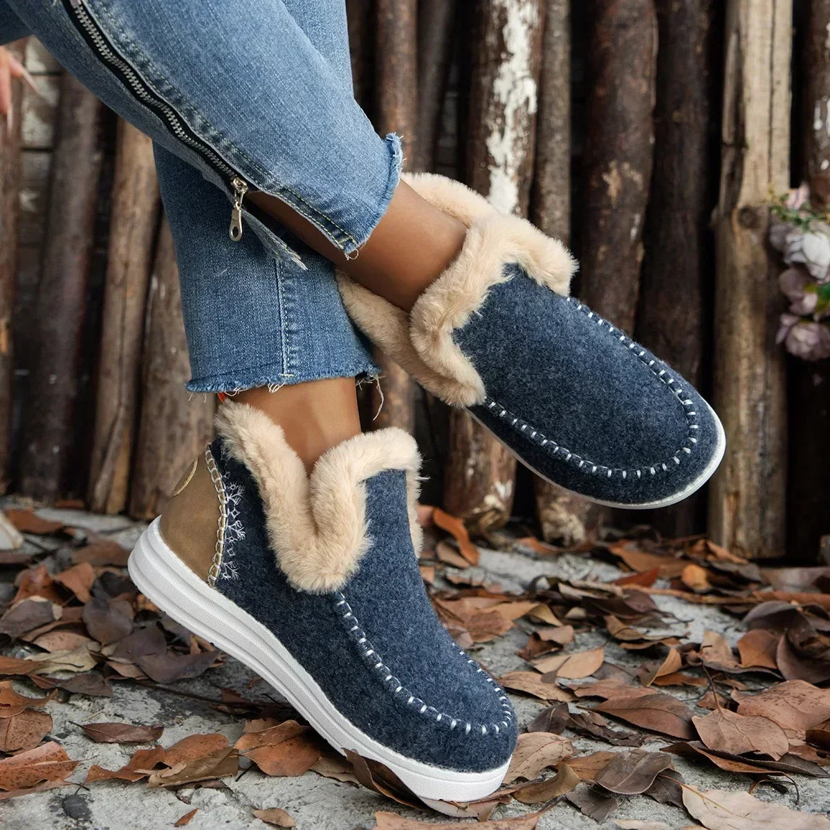 Damen Winterstiefel – Runde Zehenform Schneestiefel mit Kunstfell Futter | Flache Kurzschaft Stiefel mit Warmem Fleece für Damen