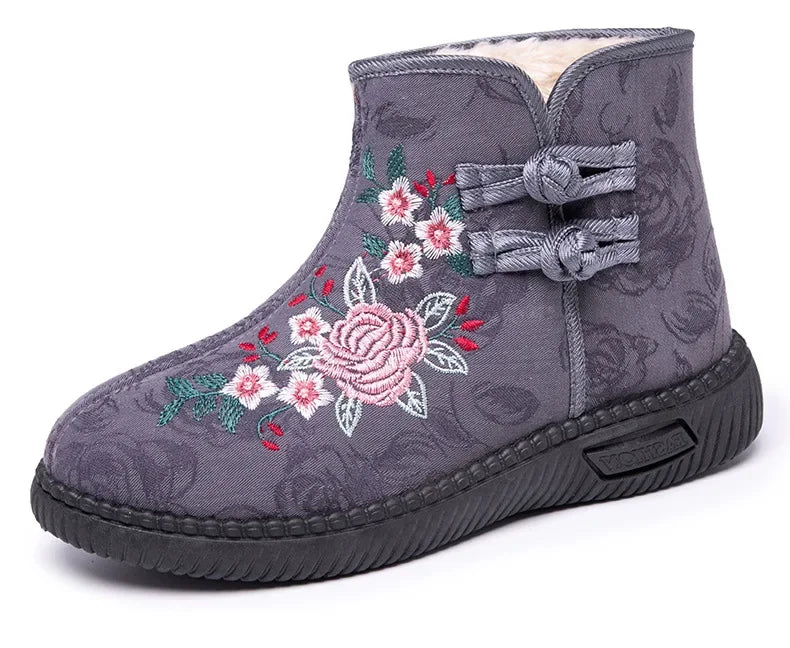 Damen Bestickte Schneestiefel – Mittelhohe Baumwollstiefel mit Kunstfell Fleece Futter | Warme Winter Schuhe für Mütter