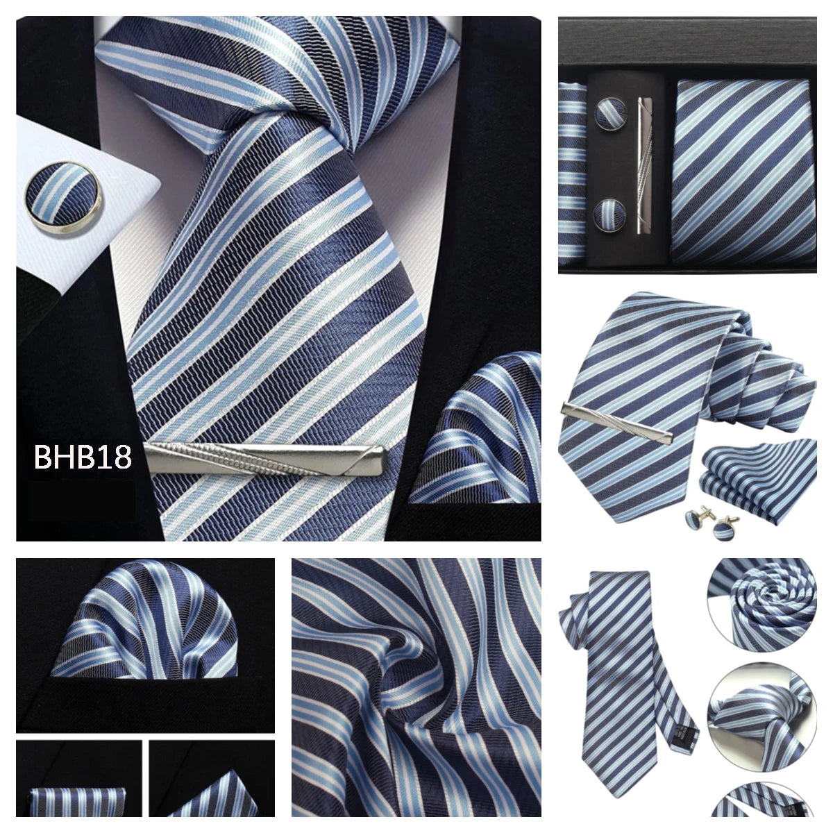 Herren Krawatten-Set aus 100% Seide – 8 cm Krawatte mit Einstecktuch & Manschettenknöpfen | Klassisches Geschenkset für Business & Hochzeit Kaufschwan®