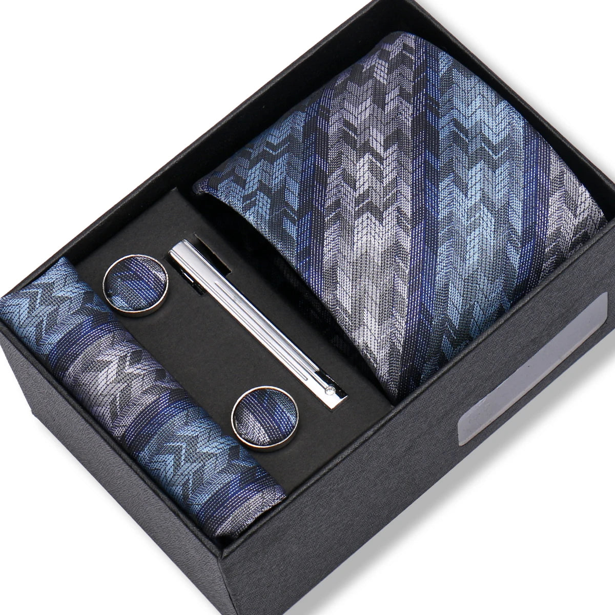Herren Jacquard-Krawatten-Set 8 cm – Elegante Krawatte mit Einstecktuch, Manschettenknöpfen & Krawattenklammer | Luxus-Geschenkbox für Hochzeit & Business