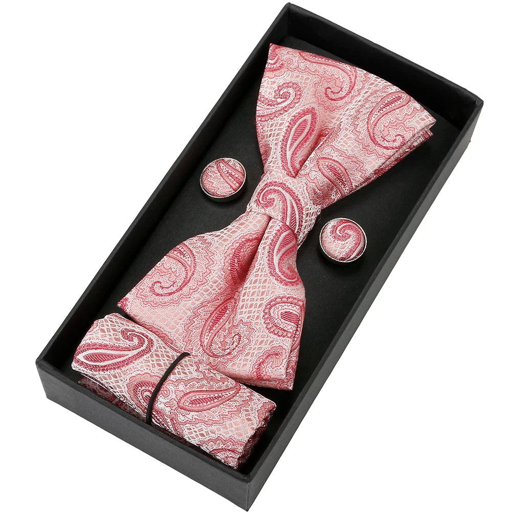 Herren Fliegen-Set mit Blumen-Paisley-Muster – 3-teiliges Geschenkset mit Fliege, Einstecktuch & Manschettenknöpfen | Elegantes Accessoire für Hochzeit & Business Kaufschwan® Rosa
