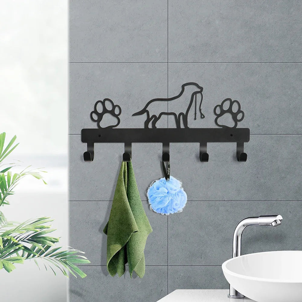 Metall Wandhaken mit Pfotenmotiv – Hundehalter mit 5 Haken | Wandorganizer aus Eisenkunst für Schlüssel, Leinen & Jacken