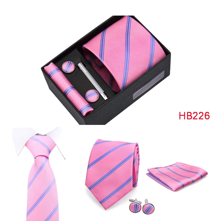 Herren Jacquard-Krawatten-Set 8 cm – Elegante Krawatte mit Einstecktuch, Manschettenknöpfen & Krawattenklammer | Luxus-Geschenkbox für Hochzeit & Business