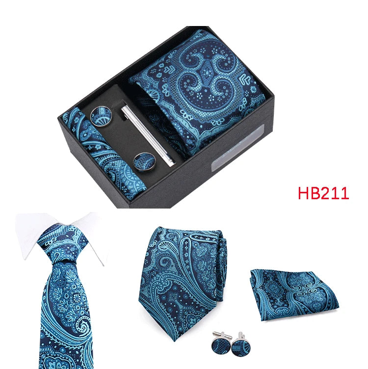 Herren Jacquard-Krawatten-Set 8 cm – Elegante Krawatte mit Einstecktuch, Manschettenknöpfen & Krawattenklammer | Luxus-Geschenkbox für Hochzeit & Business Kaufschwan®
