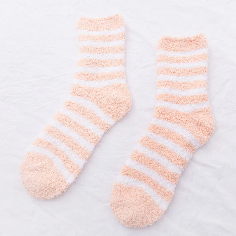 Damen Herbst & Winter Gestreifte Korallenfleece-Schlafsocken | Dicke Warme Wadenlange Haussocken Kaufschwan® Orange Einheitsgröße