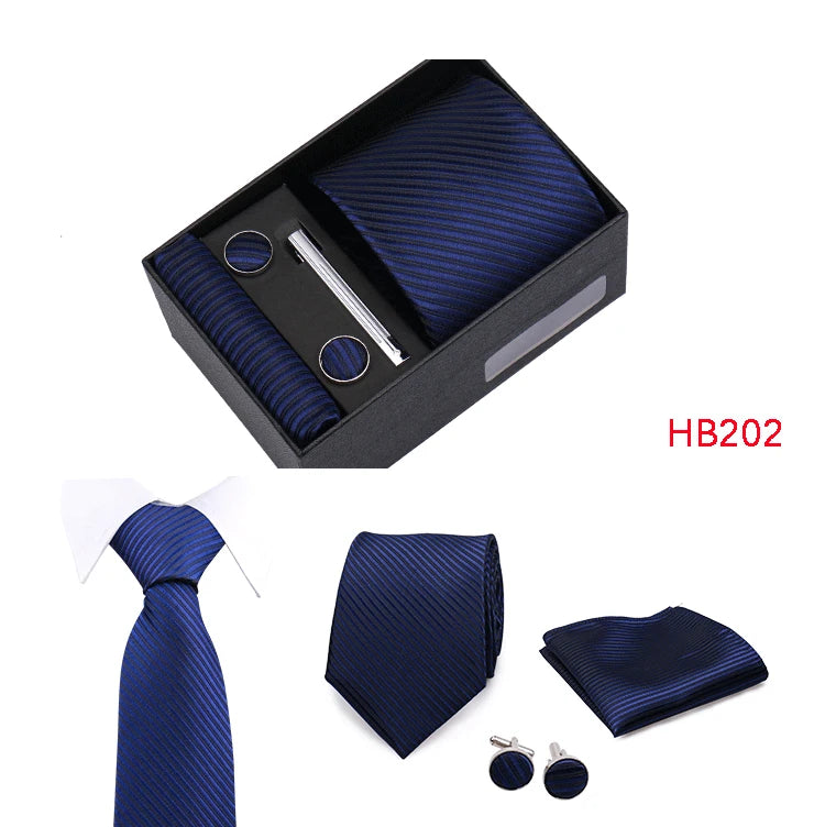 Herren Jacquard-Krawatten-Set 8 cm – Elegante Krawatte mit Einstecktuch, Manschettenknöpfen & Krawattenklammer | Luxus-Geschenkbox für Hochzeit & Business Kaufschwan®