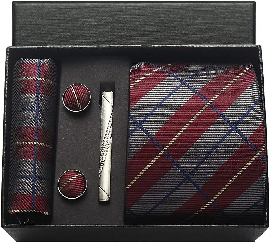 Herren Krawatten-Set aus 100% Seide – 8 cm Krawatte mit Einstecktuch & Manschettenknöpfen | Klassisches Geschenkset für Business & Hochzeit