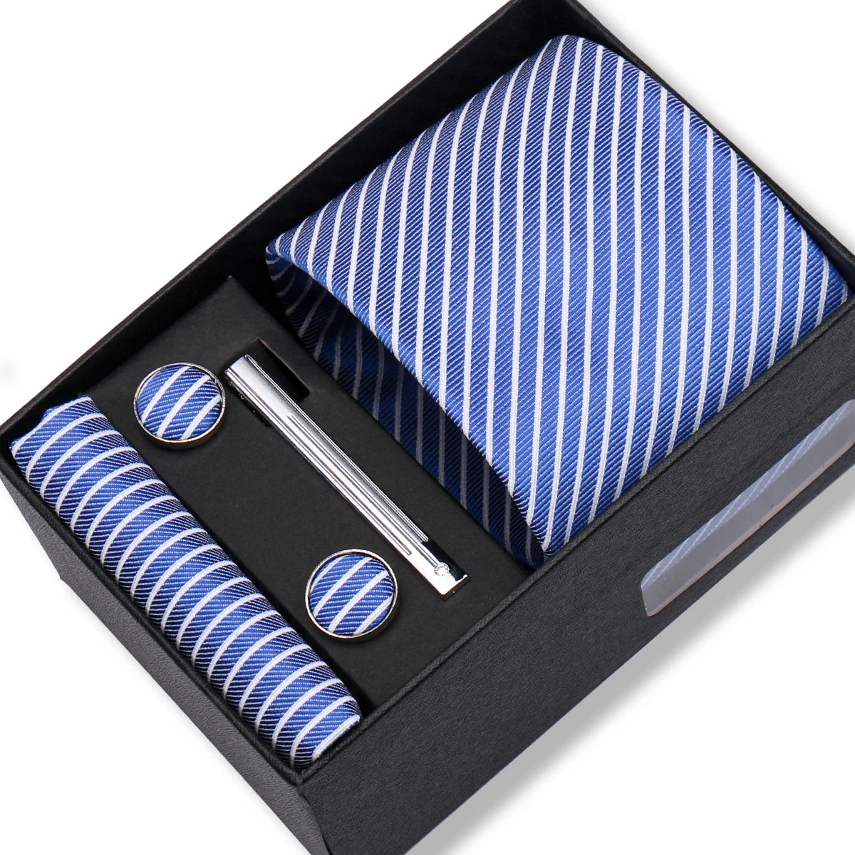 Herren Jacquard-Krawatten-Set 8 cm – Elegante Krawatte mit Einstecktuch, Manschettenknöpfen & Krawattenklammer | Luxus-Geschenkbox für Hochzeit & Business