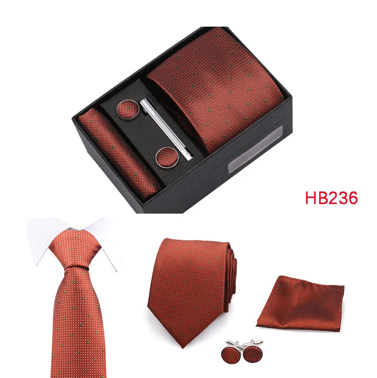 Herren Jacquard-Krawatten-Set 8 cm – Elegante Krawatte mit Einstecktuch, Manschettenknöpfen & Krawattenklammer | Luxus-Geschenkbox für Hochzeit & Business