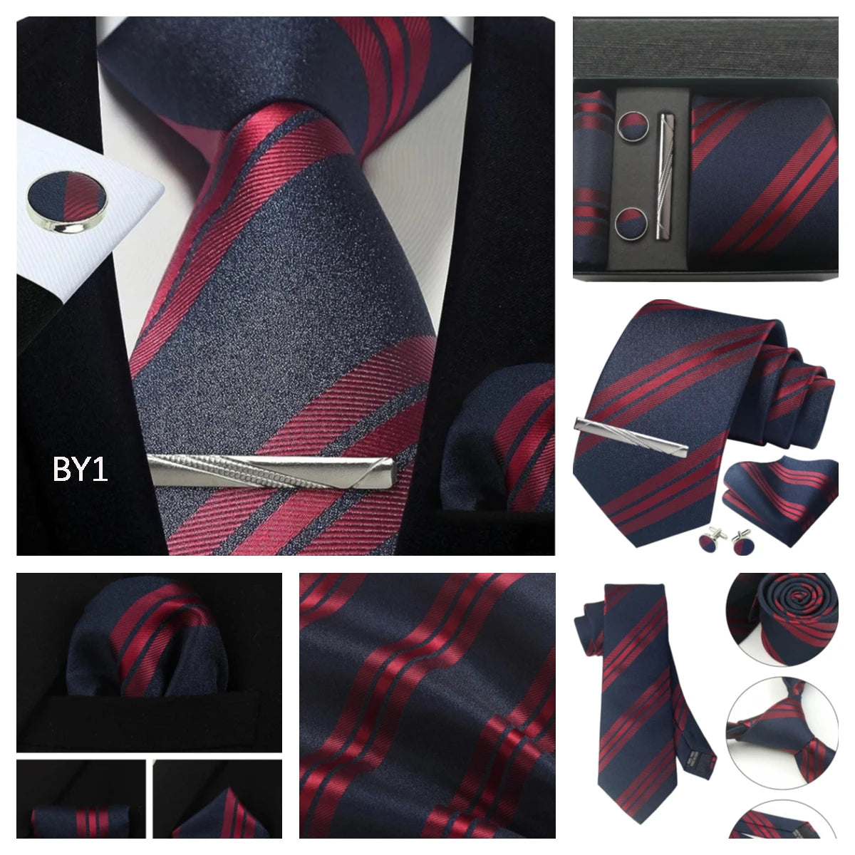 Herren Krawatten-Set aus 100% Seide – 8 cm Krawatte mit Einstecktuch & Manschettenknöpfen | Klassisches Geschenkset für Business & Hochzeit