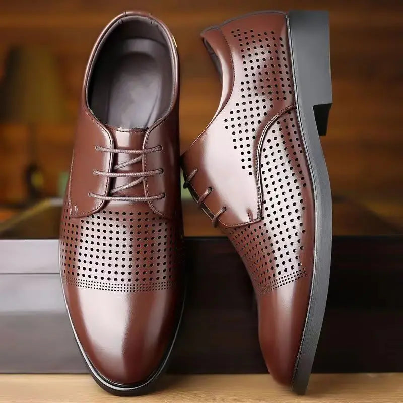 Herren Sommer-Businessschuhe mit Lochdesign – Runde Spitze & Schnürung | Atmungsaktive Elegante Lederschuhe für Büro & Anlass Kaufschwan®