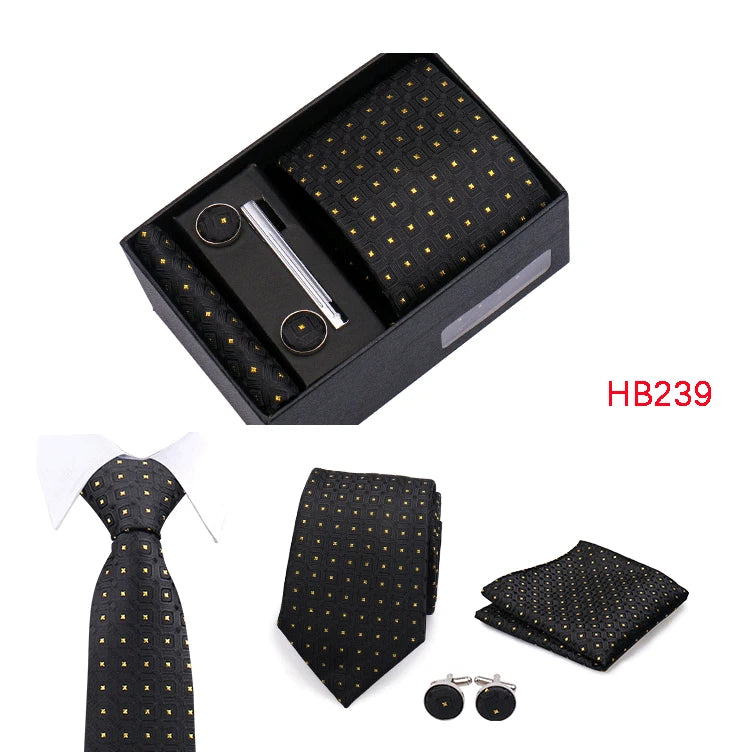 Herren Jacquard-Krawatten-Set 8 cm – Elegante Krawatte mit Einstecktuch, Manschettenknöpfen & Krawattenklammer | Luxus-Geschenkbox für Hochzeit & Business