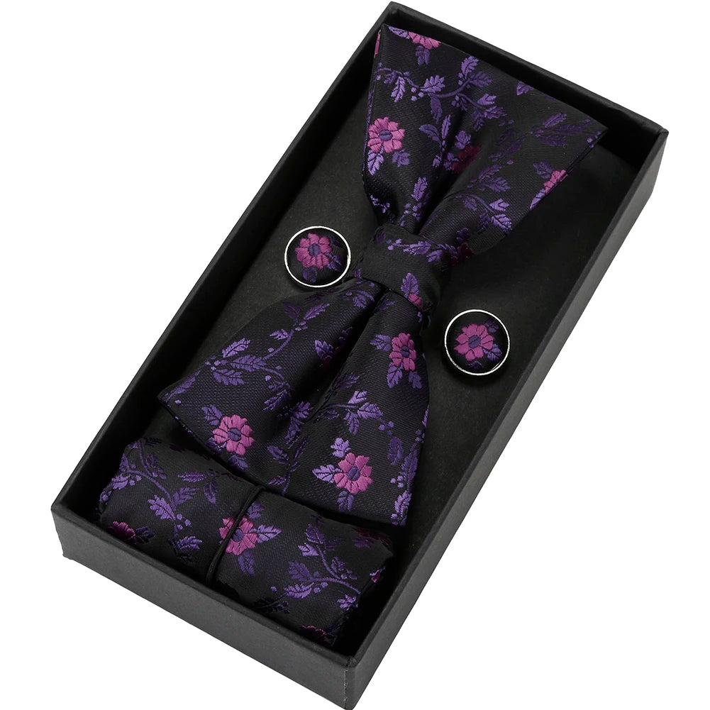 Herren Fliegen-Set mit Blumen-Paisley-Muster – 3-teiliges Geschenkset mit Fliege, Einstecktuch & Manschettenknöpfen | Elegantes Accessoire für Hochzeit & Business