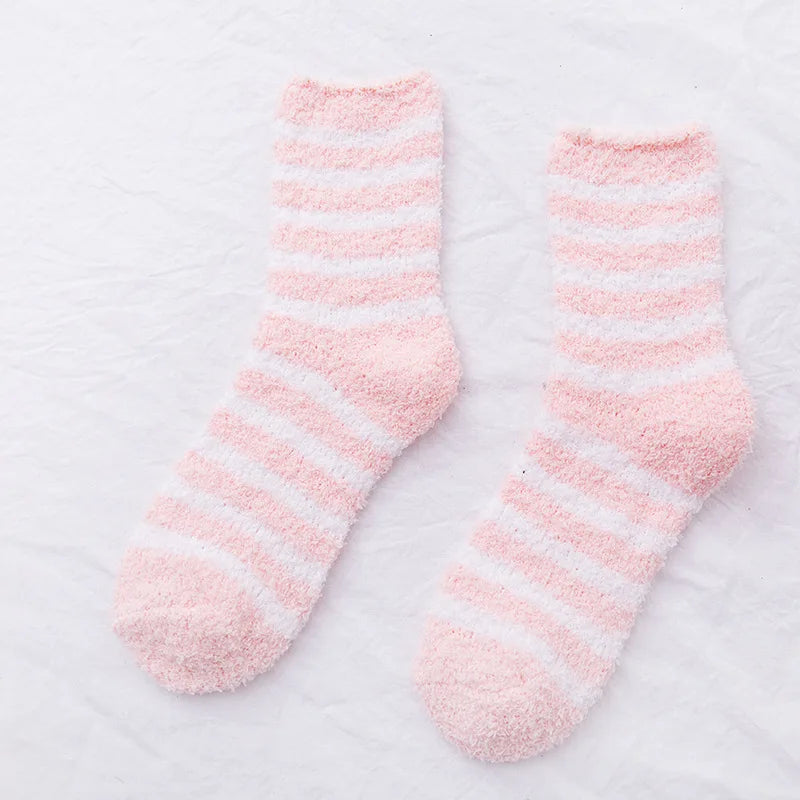 Damen Herbst & Winter Gestreifte Korallenfleece-Schlafsocken | Dicke Warme Wadenlange Haussocken Kaufschwan® Rosa Einheitsgröße