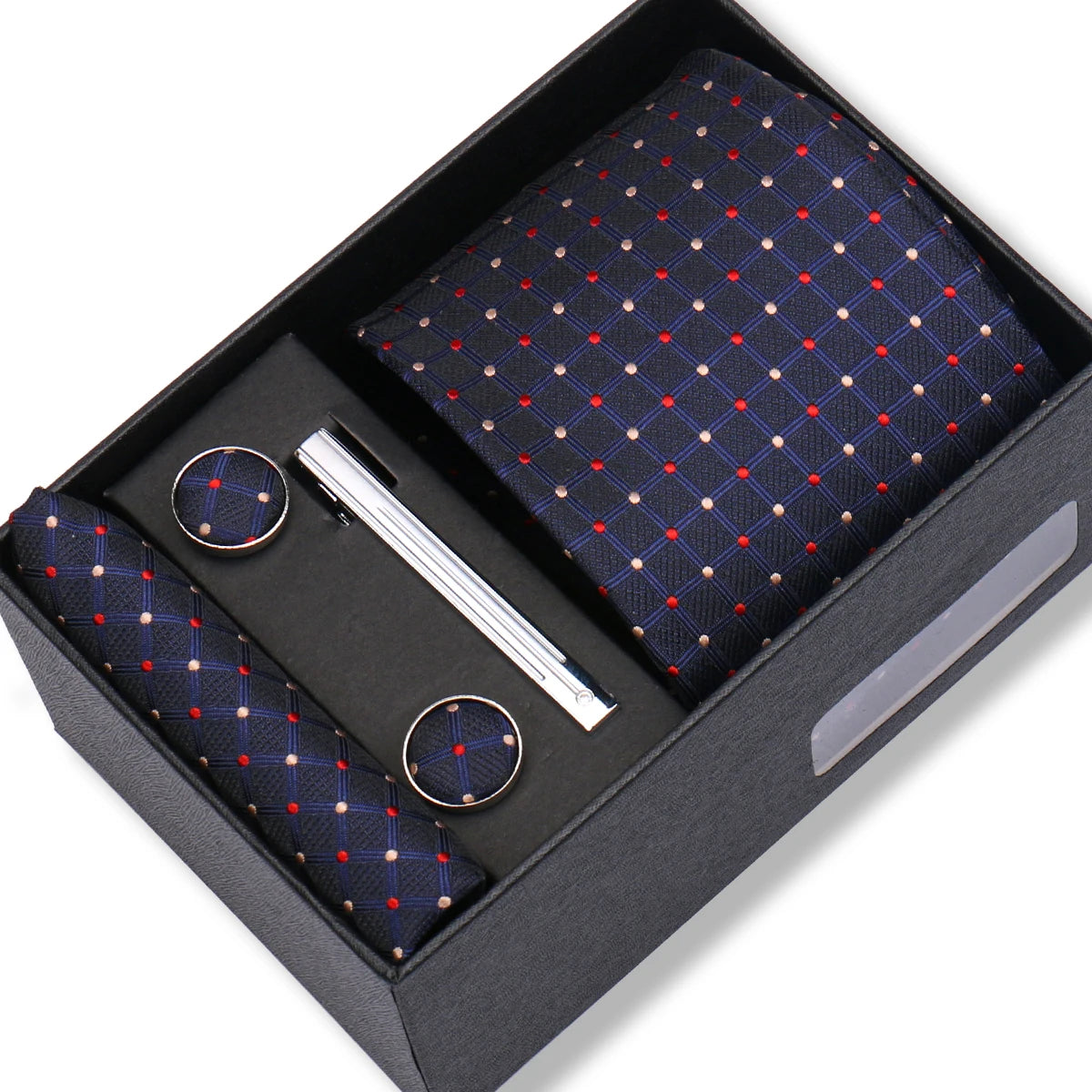 Herren Jacquard-Krawatten-Set 8 cm – Elegante Krawatte mit Einstecktuch, Manschettenknöpfen & Krawattenklammer | Luxus-Geschenkbox für Hochzeit & Business