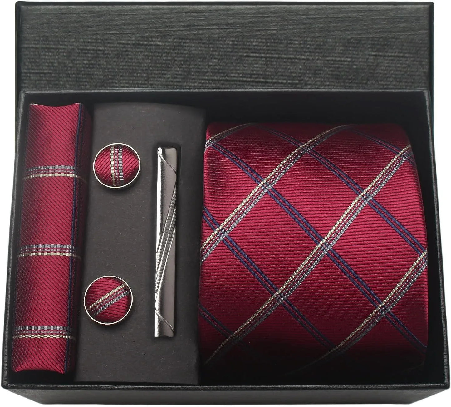 Herren Krawatten-Set aus 100% Seide – 8 cm Krawatte mit Einstecktuch & Manschettenknöpfen | Klassisches Geschenkset für Business & Hochzeit