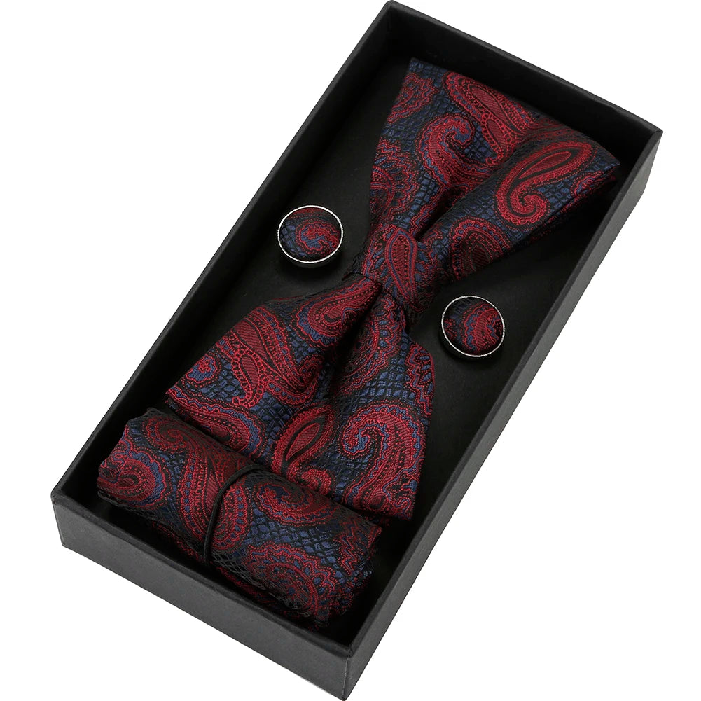 Herren Fliegen-Set mit Blumen-Paisley-Muster – 3-teiliges Geschenkset mit Fliege, Einstecktuch & Manschettenknöpfen | Elegantes Accessoire für Hochzeit & Business Kaufschwan® Dunkelrot mit schwarzem Akzent