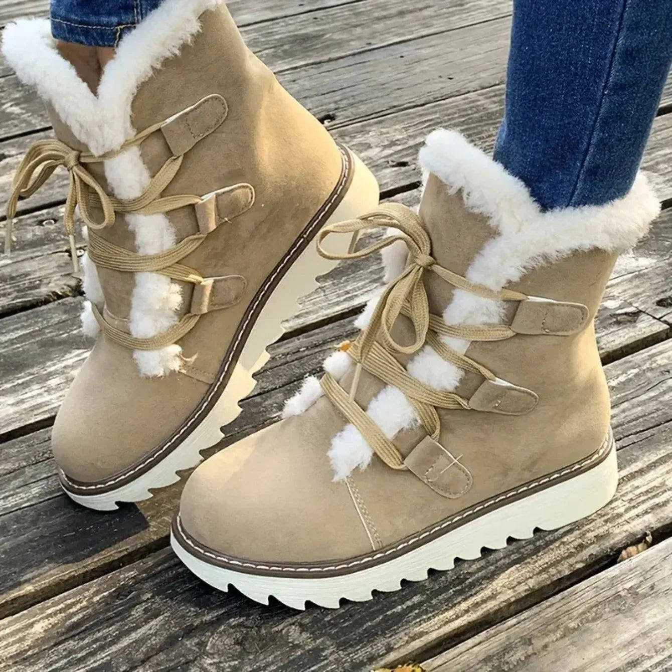 Damen Winter Schneestiefel – Wasserdichte Mittelhohe Schnürstiefel | Wärmeisolierte Outdoor Schuhe mit Kunstfell Futter & Rutschfester Sohle