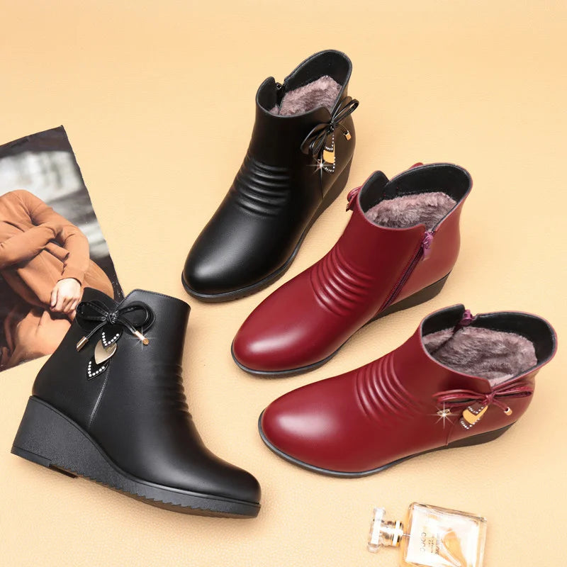 Damen Warme Baumwollschuhe – Weiche Leder Kunstfell Gefütterte Knöchelstiefel | Plateau Keilstiefel Rutschfest Kurzschaft Stiefel für Mütter