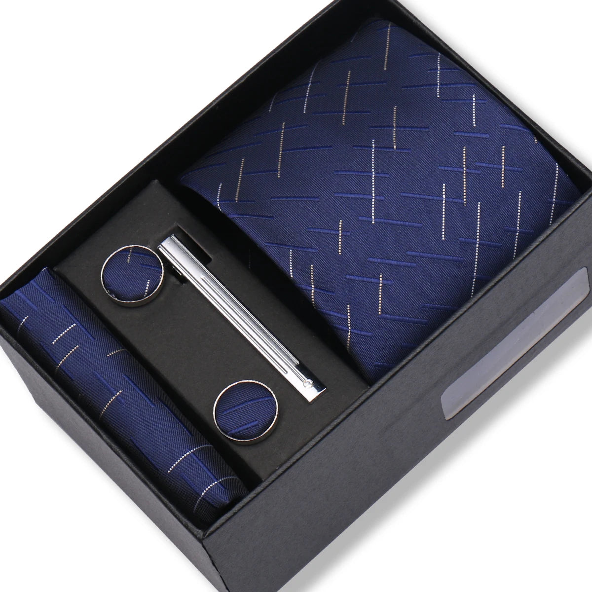 Herren Jacquard-Krawatten-Set 8 cm – Elegante Krawatte mit Einstecktuch, Manschettenknöpfen & Krawattenklammer | Luxus-Geschenkbox für Hochzeit & Business