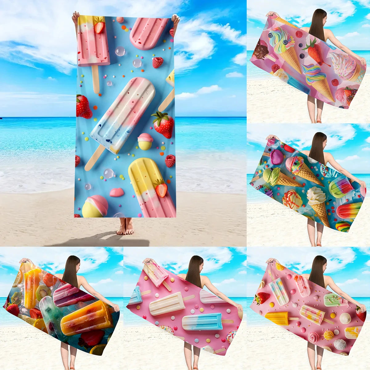 Strandtuch mit Eiscreme-Motiv – Schnell Trocknendes & Saugfähiges Mikrofaser Handtuch | Lustiges Sommer Handtuch für Reisen, Sport & Yoga