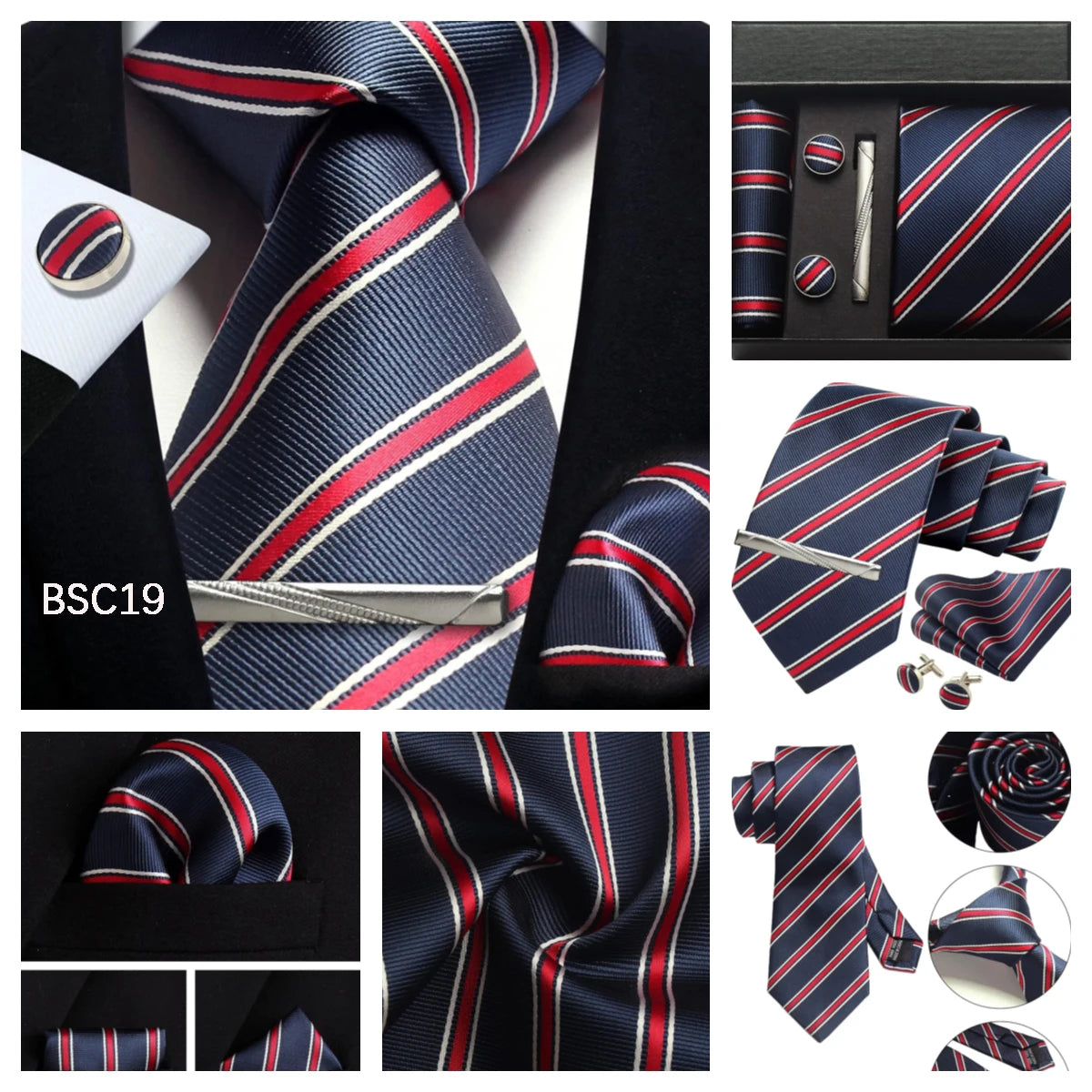 Herren Krawatten-Set aus 100% Seide – 8 cm Krawatte mit Einstecktuch & Manschettenknöpfen | Klassisches Geschenkset für Business & Hochzeit