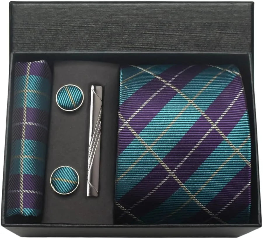 Herren Krawatten-Set aus 100% Seide – 8 cm Krawatte mit Einstecktuch & Manschettenknöpfen | Klassisches Geschenkset für Business & Hochzeit
