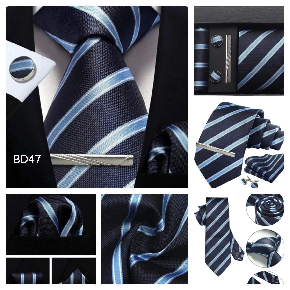 Herren Krawatten-Set aus 100% Seide – 8 cm Krawatte mit Einstecktuch & Manschettenknöpfen | Klassisches Geschenkset für Business & Hochzeit