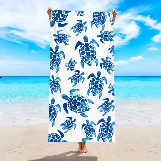 Großes Strandtuch mit Ozean-Motiv – Schildkröte, Seestern & Muschel Print | Schnell Trocknendes Saugfähiges Mikrofaser Strandtuch