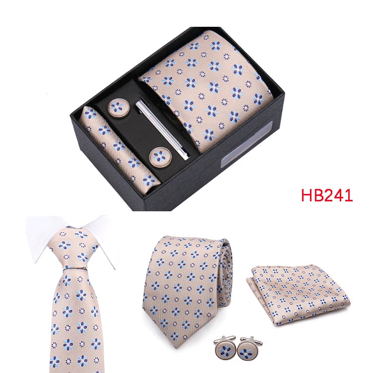 Herren Jacquard-Krawatten-Set 8 cm – Elegante Krawatte mit Einstecktuch, Manschettenknöpfen & Krawattenklammer | Luxus-Geschenkbox für Hochzeit & Business