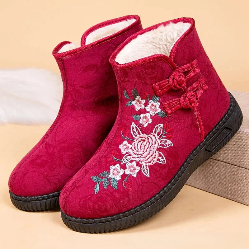 Damen Bestickte Schneestiefel – Mittelhohe Baumwollstiefel mit Kunstfell Fleece Futter | Warme Winter Schuhe für Mütter
