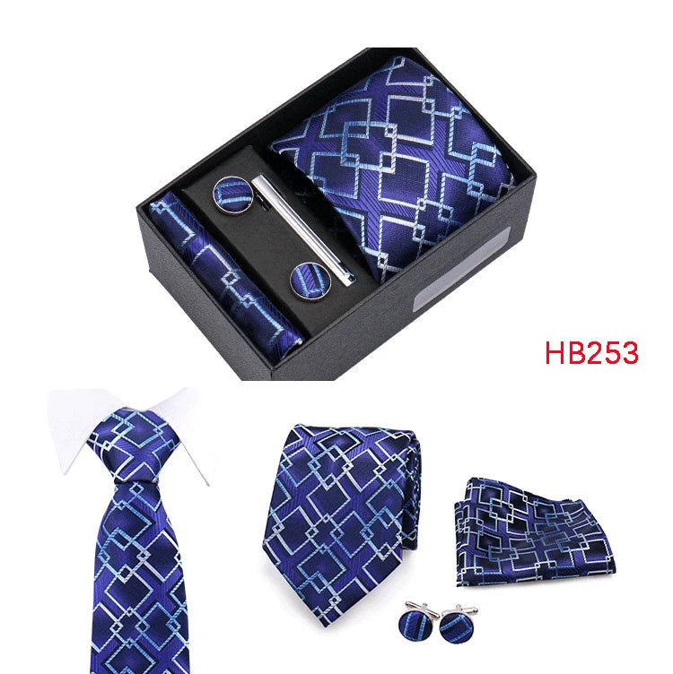 Herren Jacquard-Krawatten-Set 8 cm – Elegante Krawatte mit Einstecktuch, Manschettenknöpfen & Krawattenklammer | Luxus-Geschenkbox für Hochzeit & Business