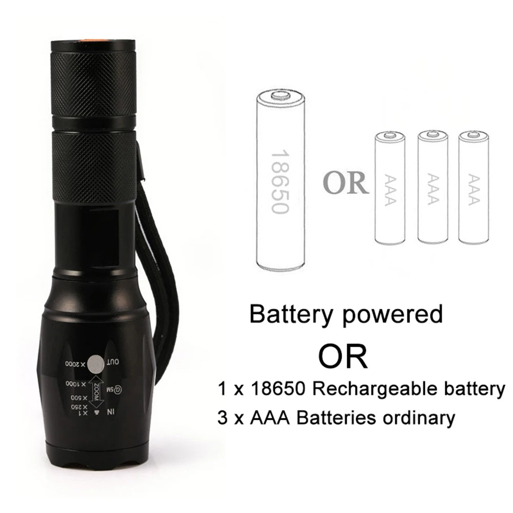 Hochleistungs-LED-Taschenlampe – 5-Modi Camping-Lampe | Zoombares, Wasserdichtes Aluminium-Gehäuse, Betrieb mit 3 AAA-Batterien Kaufschwan®