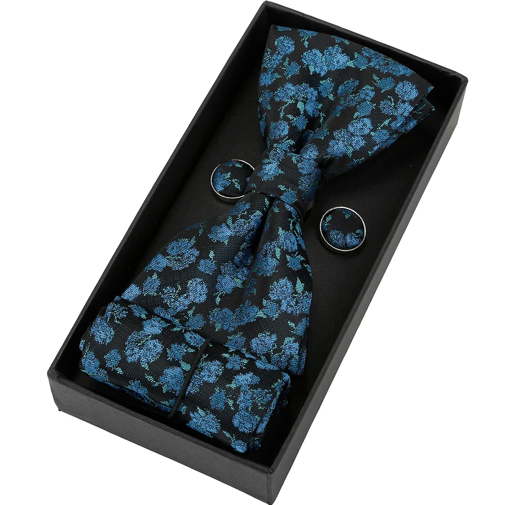 Herren Fliegen-Set mit Blumen-Paisley-Muster – 3-teiliges Geschenkset mit Fliege, Einstecktuch & Manschettenknöpfen | Elegantes Accessoire für Hochzeit & Business Kaufschwan® Königsblau
