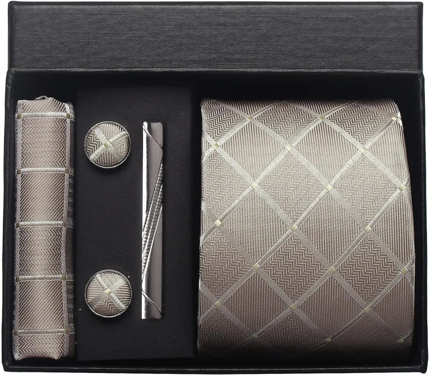 Herren Krawatten-Set aus 100% Seide – 8 cm Krawatte mit Einstecktuch & Manschettenknöpfen | Klassisches Geschenkset für Business & Hochzeit