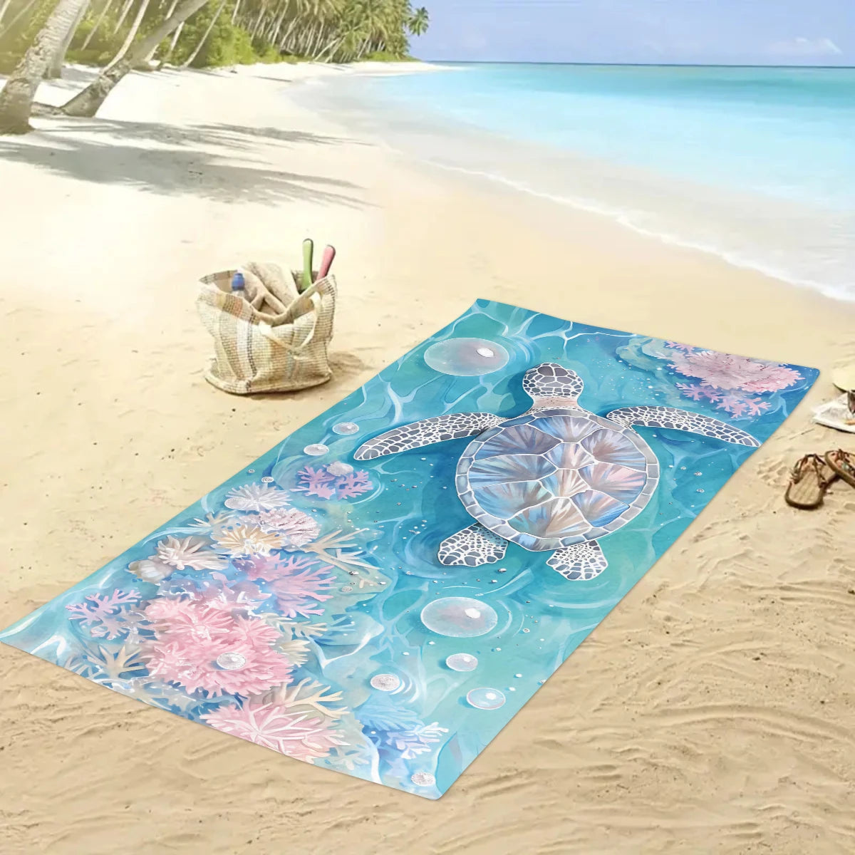Großes Strandtuch mit Ozean-Motiv – Schildkröte, Seestern & Muschel Print | Schnell Trocknendes Saugfähiges Mikrofaser Strandtuch