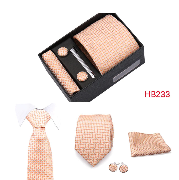 Herren Jacquard-Krawatten-Set 8 cm – Elegante Krawatte mit Einstecktuch, Manschettenknöpfen & Krawattenklammer | Luxus-Geschenkbox für Hochzeit & Business